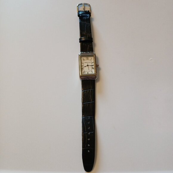 Coldwater Creek White Dial Rectangle Silver Tone Case Black Leather Band Watch - Picture 1 of 13